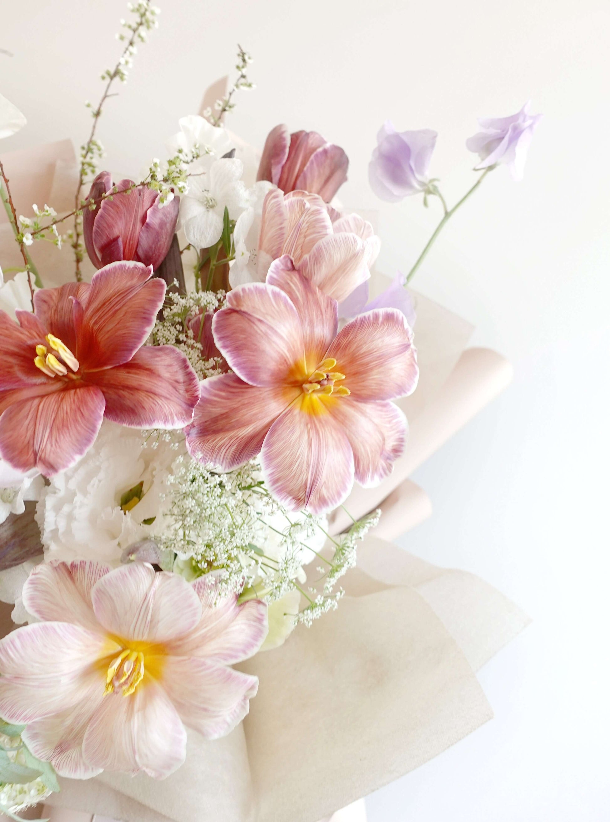 BROWNIE TULIP BOUQUET with pink and red flowers
