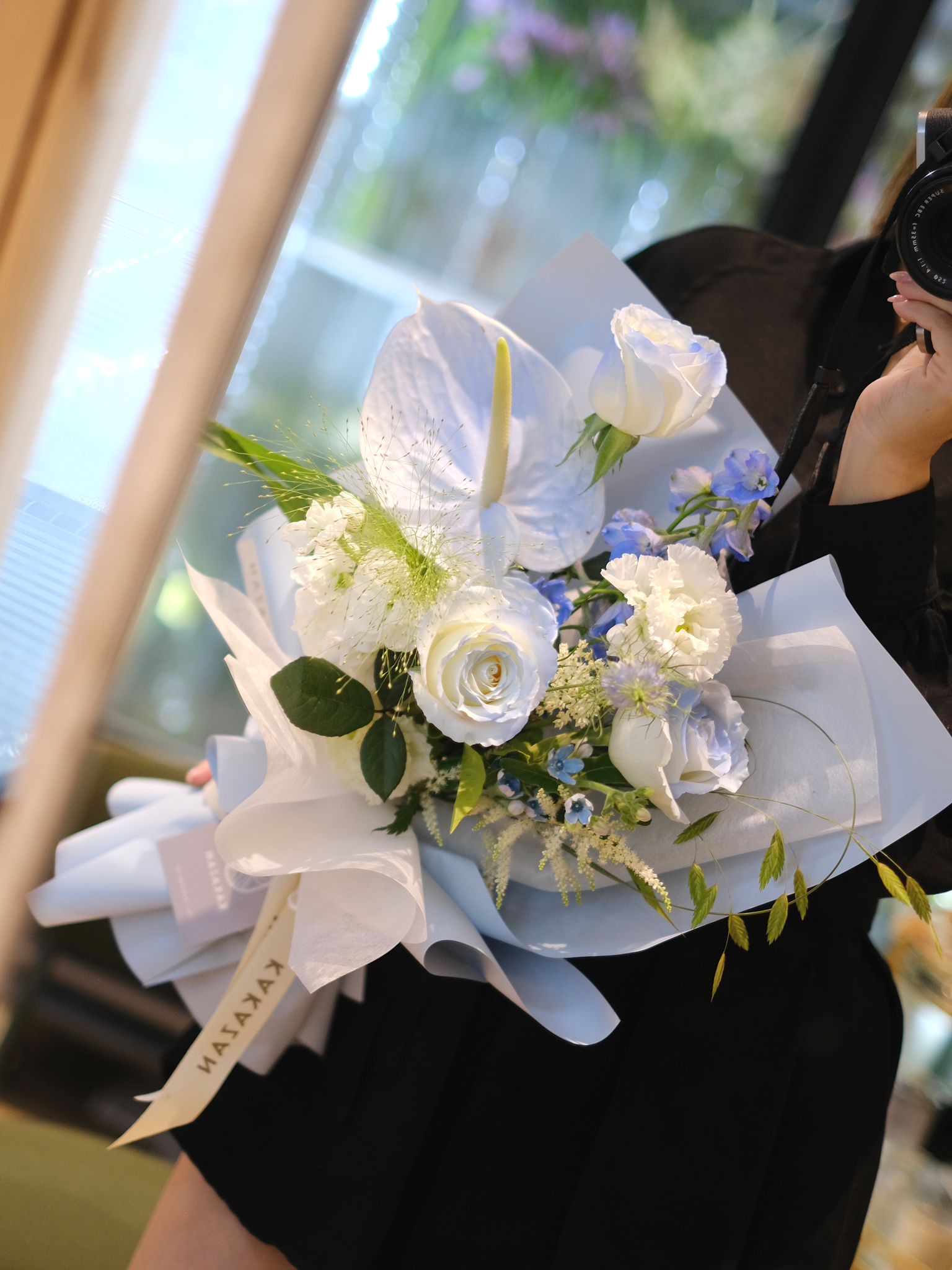 Flower bouquet in white and blue colours, toronto flower shop