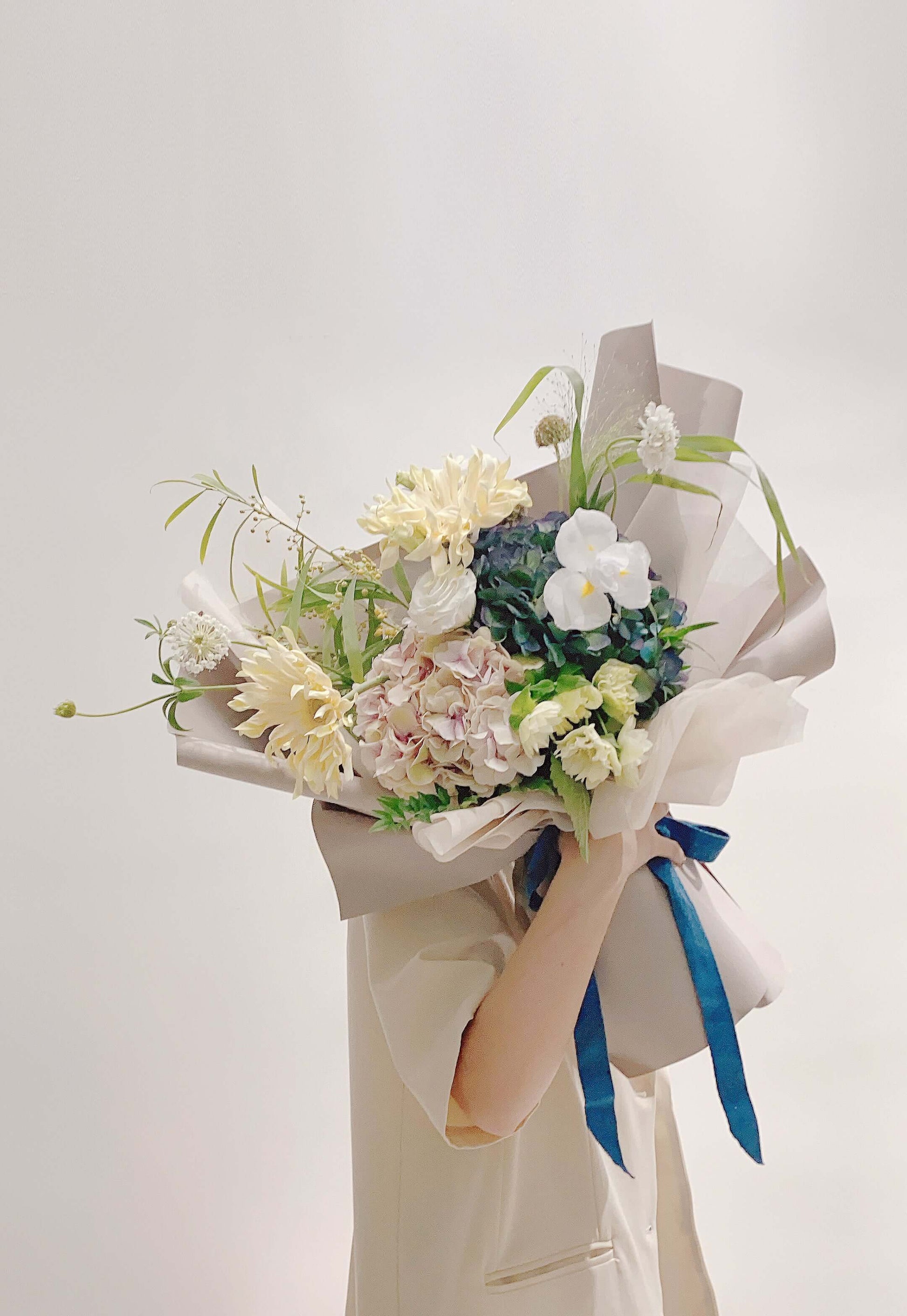 Large Bouquet with white, blue, and green flowers